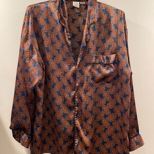 Vintage Paisley Satin Button Front Shirt – L London – Blue – L/XL